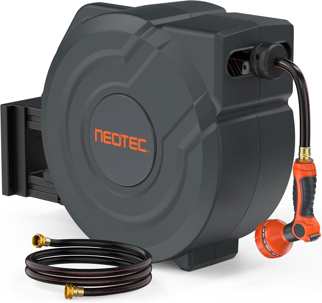 NEOTEC Retractable Garden Hose Reel 5/8 inch x 90ft - Wall Mounted Heavy Duty Hose Reel with 3/4 Inch Brass Fittings & 9-Pattern Nozzle - Auto Rewind System, Any Length Lock, 180 Swivel Bracket