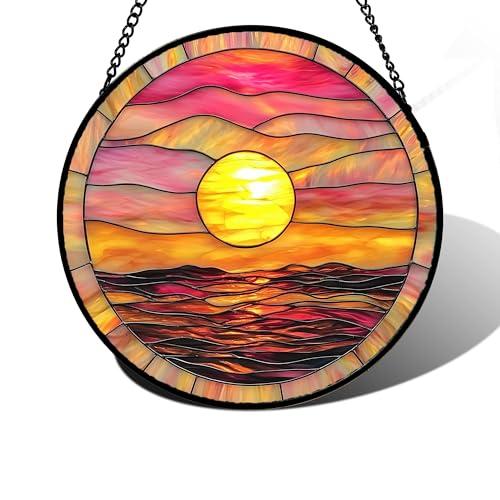DASTOLL Stained Glass Window Hanging, Sunrise Sea Surface Sun Catchers Diamond Glass Panel Hangings Abstract Suncatcher Decor for Birthday for Women, Men, Wife, Aunt, and Mom 11.8 in
