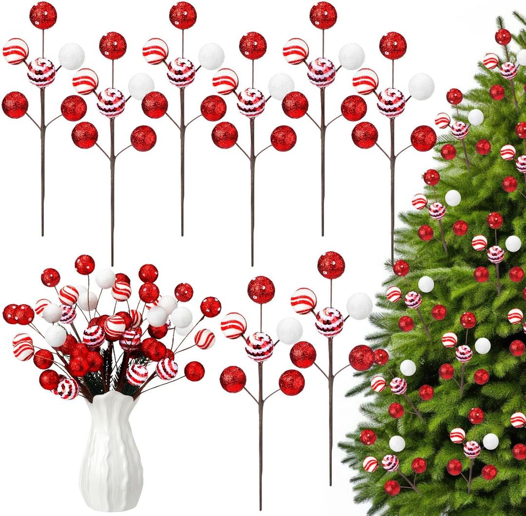 8 Pcs Red and White Christmas Tree Picks 14'' Candy Cane Tree Picks Ornaments Peppermint Christmas Decoration Glitter Berry Stems with Balls for Xmas Wreath Crafts Holiday Vase Fillers Decor