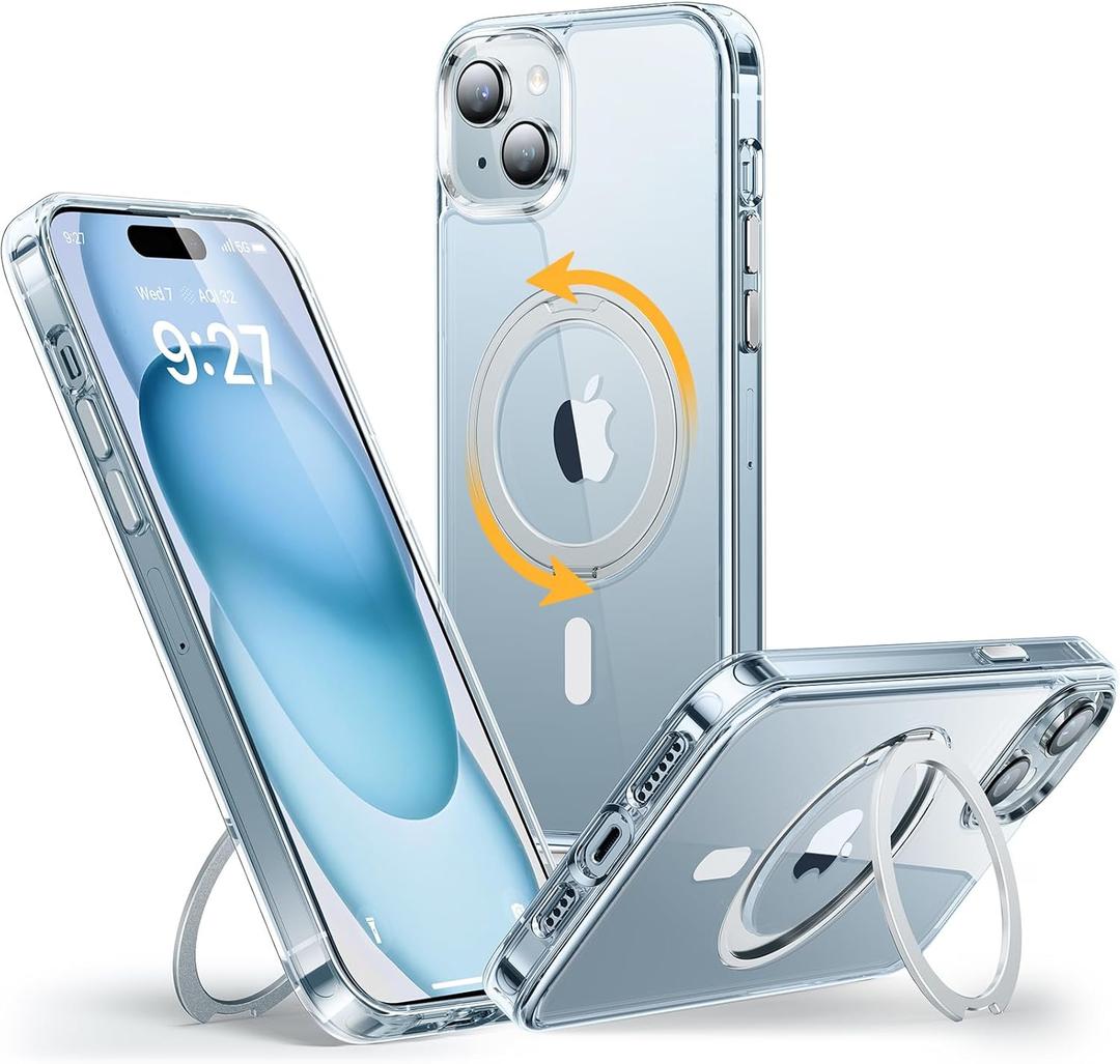 andobil for iPhone 15 Case [360 Ring Stand] [Compatible with Magsafe] Military Drop Protection Non-Yellowing Magnetic iPhone 15 Slim Thin Phone Case for Men Women - Ultra Clear, 6.1 Inches