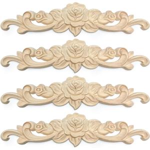 Decorative Rose Wood Carved Appliques Onlays, 8 x 2 inch Unpainted Solid Wood Round Carving Decal for Furniture Cabinet Bed Wardrobe Closet DIY Decoration (8x2inch, Pack of 4)