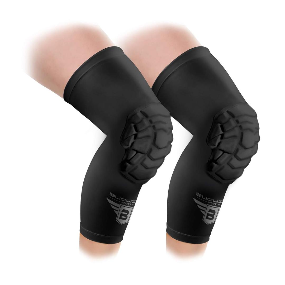 Bucwild Sports Pro Compression Padded Knee Sleeves Knee Pads Youth & Adult Basketball Football Wrestling Volleyball 1 Pair (Black)