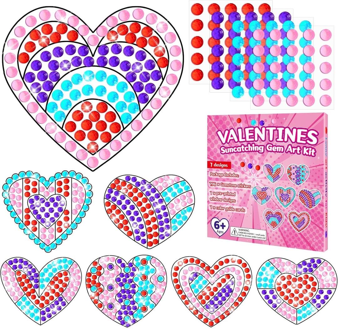 Qyeahkj 7 Pcs Valentine's Arts Crafts Kit DIY Heart Gems Diamond Suncatcher Crafts for Kids Valentines Gemstones Painting Gifts Exchange for Home School Party Decor for Kids Aged 4 6 8 10 12