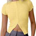 Cioatin Women Button Down Open Front Short Sleeve Crop Tee Tops Y2K Crew Neck Slim Fit Ribbed Cardigan Tshirt Workout (Yellow, S)