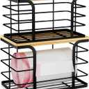 2 Pack Stackable Storage for Kitchen Laundry Pantry Organizers,Trash Bag Holder with Bamboo Top,Wall Mount Garbage Bag Dispenser,Black Large and Small