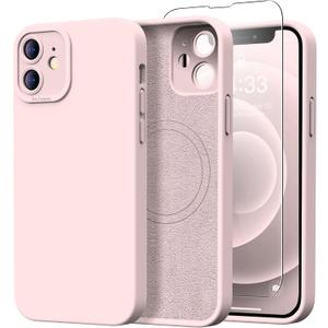 Designed for iPhone 12 Mini Case with Screen Protector - Upgraded Camera Protection - Wireless Charging Compatible - Silicone Protective Phone Case 5.4" for Men Women Girls - Pinky White