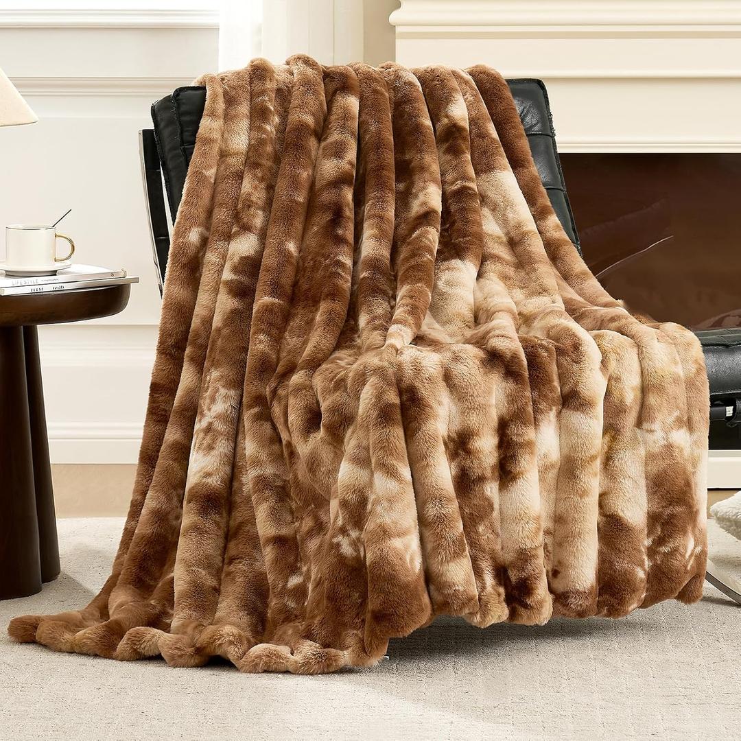 Cozy Bliss Deluxe Striped Rabbit Faux Fur Throw Blanket, Soft Fluffy Warm Plush Blanket for Winter, Modern Homr Decor, Tie-dye Brown 50"x60"