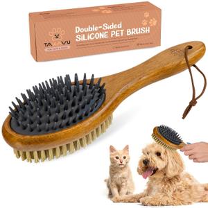 TAKAVU Short Hair Dog & Cat Deshedding Brush - Double Sided Grooming Tool with Silicone Massage & Bristle Sides - Removes Loose Fur & Dirt - Wood Handle