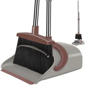 Ivandar Broom with Dustpan Combo Set, 50.6 inch Long Handle, Upright Standing Broom and Dustpan Set Quiet Cleaning Tool Sweep the Floor Dust pan Removes 4 Times More Pet Hair(Brown and Gray)