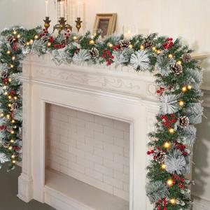 HOHOTIME 9ft Christmas Garland with Lights, Artificial Prelit Pine Garland with Snow Berry Pine Cone for Mantle Xmas Decor, Christmas Decorations for Stairs Railing Fireplace Window Indoor Outdoor