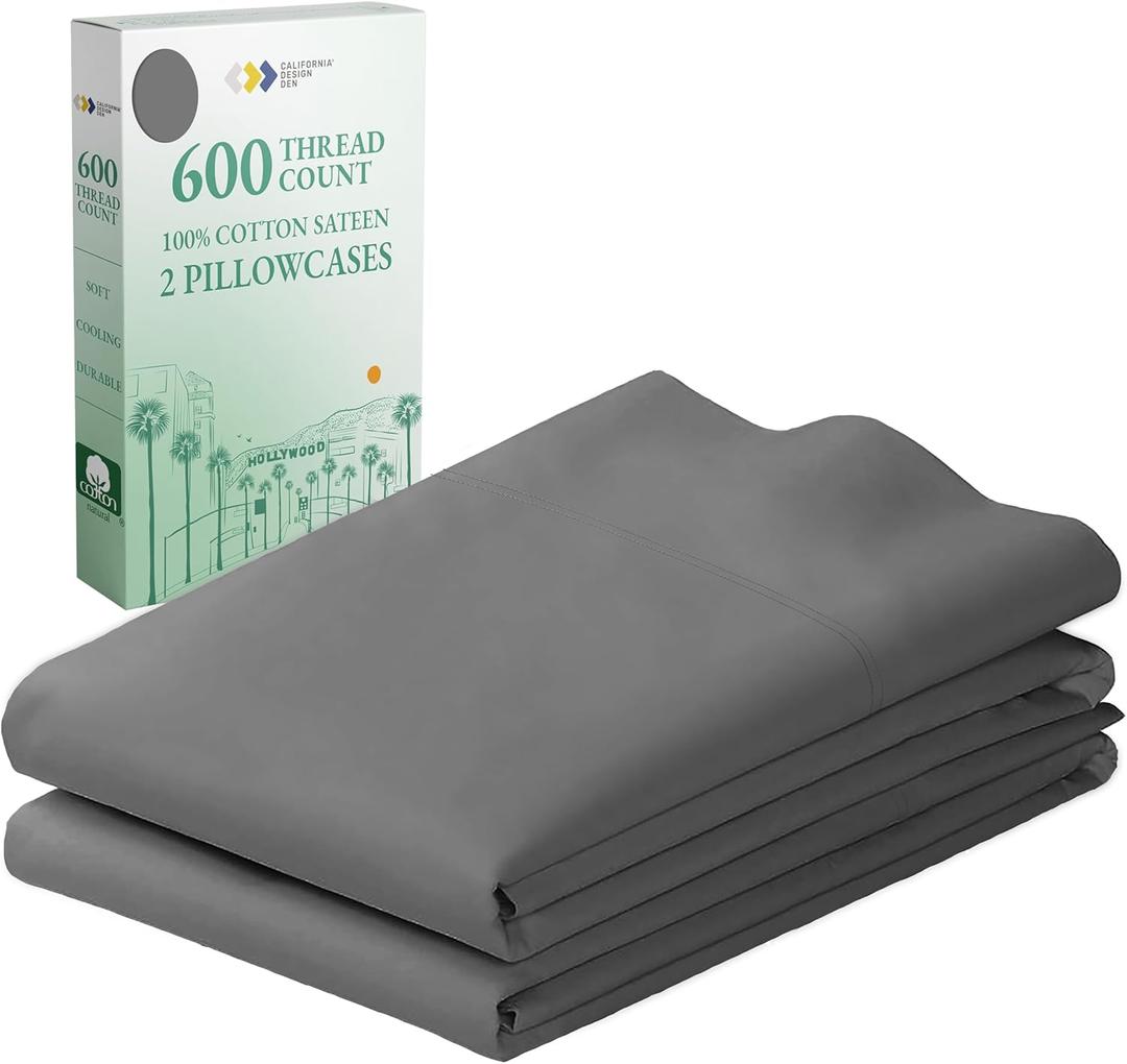 CALIFORNIA DESIGN DEN Luxuriously Soft Hotel Quality 600 Thread Count, 100% Cotton Set of 2 Cases, Crisp & Cool Dark Gray Pillow Cases Standard Fits Standard & Queen Pillows (Dark Gray) (04 - Grey)