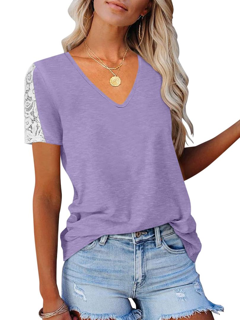 Eachyes Womens Lace Short Sleeve T Shirts Summer Casual V Neck Tops Loose Fit Tees Blouses, Light Purple, Small