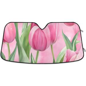 Car Sun Shade Pink Tulips Pattern Windshield Sunshade Protector for Small Car SUV Front Window