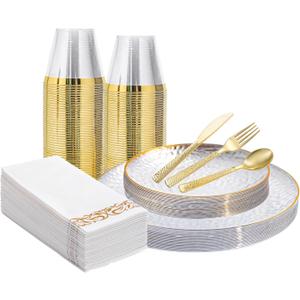 175 Pcs Clear Gold Plastic Dinnerware Set, Disposable Plate With Gold Rim, 25 Guests Dessert Plates, Dinner Plates, Cups, Cutlert and Napkins for Wedding Party