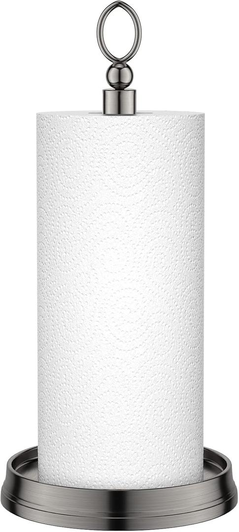 KASUNTO Paper Towel Holder With Heavy Weighted Base - Steel Countertop Stand for Kitchen, Bars & Dining Tables - Fits Standard & Jumbo Rolls - Brushed Nickel