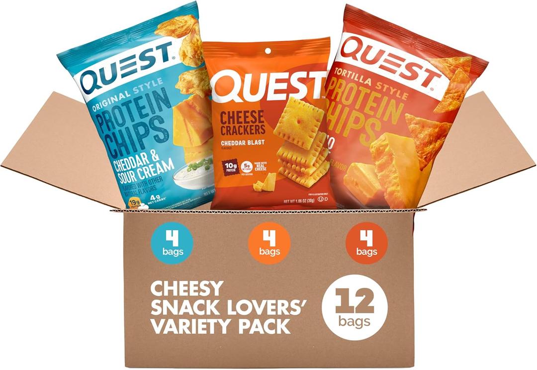 Quest Nutrition Cheese Lovers Variety Pack, Nacho Tortilla Style Protein Chips x4, Cheddar & Sour Cream Chips x4, Cheddar Blast Crackers x4, 12 Count. Best By: 08/10/2026