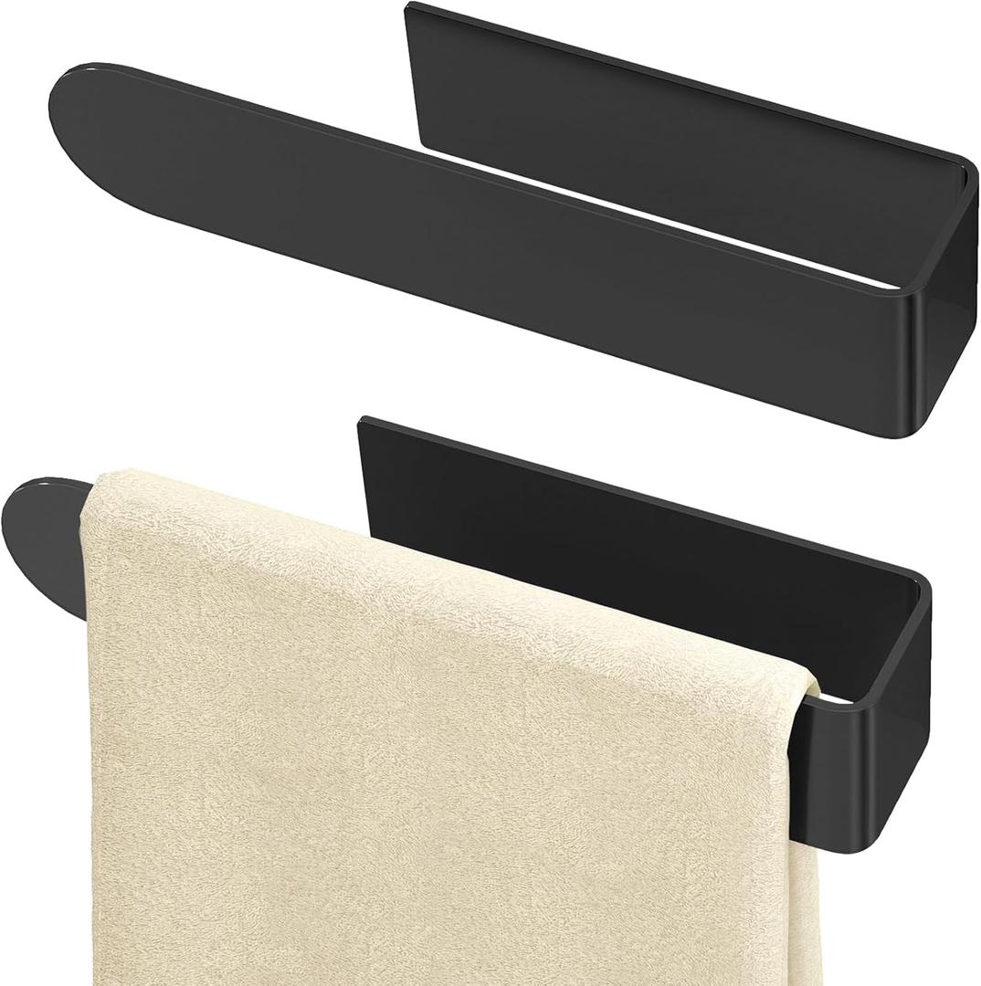 Hand Towel Holder, Self Adhesive Towel Racks for Bathroom Wall Mounted, 8 Inch Square Hand Towel Bar Stick on Wall for Kitchen Cabinet Shower, Black (2 Pack)