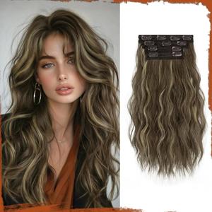 Sofeiyan Brunette Mixed Ash Blonde Hair Extensions 16 inch Clip in Highlighted Hair Extensions 4PCS Synthetic Fake Hair Soft Natural Hairpiece 140g Curly Thick Hair Extension for Women
