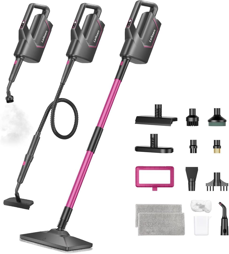 Leiksen Steam Mop, 12-in-1 Powerful Handheld Steam Cleaner, 260F Floor Steamer, 440ml Large Tank, 23FT Power Cord, Flexible Hose, 3-Level Control, Multi-Purpose for Hardwood, Tile, Grout, Windows (Magenta & Gray)