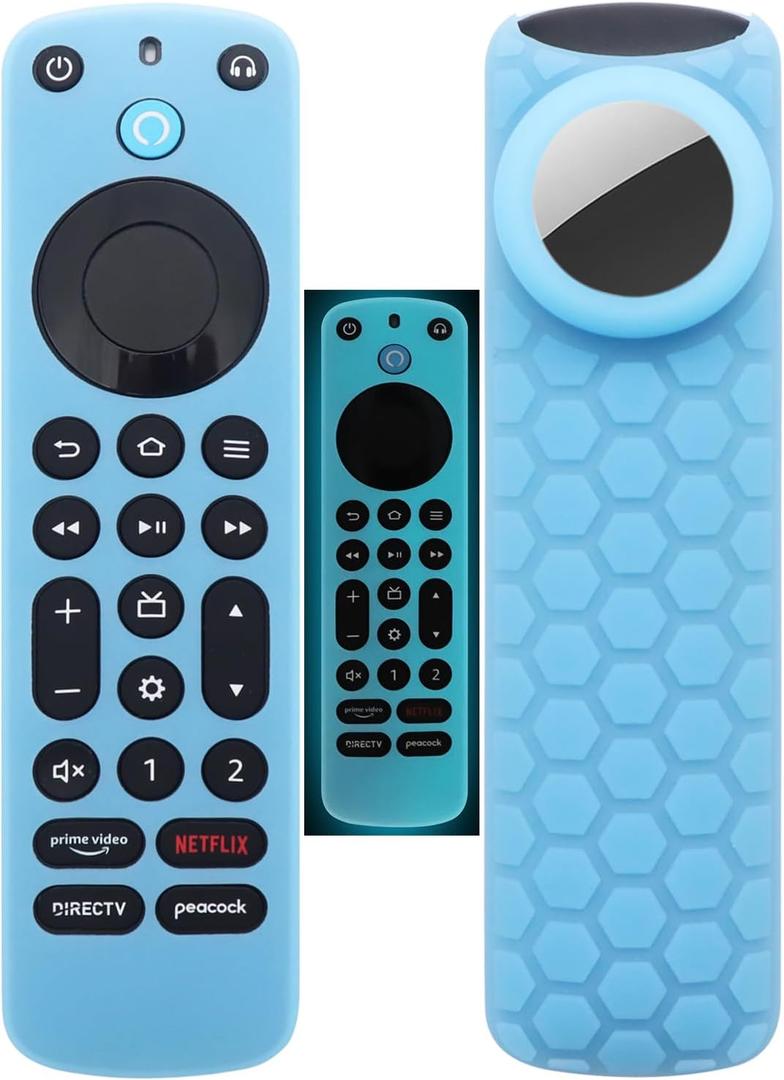 TV Remote Pro Cover for Airtag Remotes Controller Finder Case Glow in The Dark, for Firetv Alexa Voice Remote Pro 2022 and Tile Sticker, for Smart TVs Streaming Media Players Skin(Glow Blue)