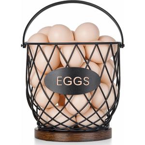 Chicken Egg Basket for Gathering Fresh Eggs, Wire Egg Collecting Basket | Metal Handle, Wooden Base, Round Egg Holder Countertop, Vintage Farmhouse Kitchen Decor, Fruit Storage