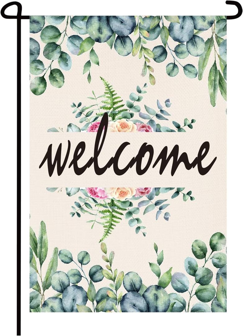 3 x Spring Garden FlagSeasonal Welcome Yard Outdoor Flag Spring Summer Floral Welcome Garden Flag Double Sided Burlap 12 x 18 Inch Eucalyptus Seasonal Outdoor Flag
