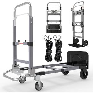Suzhi Convertible Hand Truck Dolly Cart with Wheels Heavy Duty/with 4 Wheels / 500Lbs Load, 2 Straps for Furniture/Appliance/Carton/Warehouse/Office/no Need to Install, Easy to fold as Video