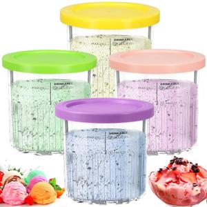 Advantez Containers For Ninja Creami Deluxe Pints and Lids - 4 pack,24oz Pint Containers Fit for Ninja NC501 NC500 Series Creami Deluxe Ice Cream Maker, Dishwasher Safe(Pink,Pink,Yellow,Green)