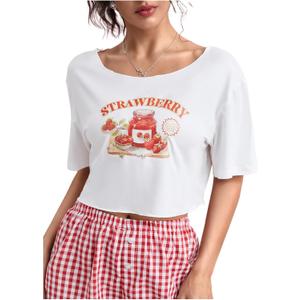 SHENHE Women's Letter Print Scoop Neck Tee Shirts Strawberry Short Sleeve Summer Crop Tops, Size M (White)