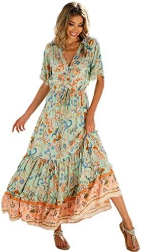 R.Vivimos Womens Summer Cotton Short Sleeve V Neck Floral Print Casual Bohemian Midi Dresses, Small