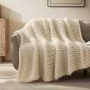 SLEEP ZONE Throw Blanket for Couch - Chunky Knit Hollow Blanket, Throw Blankets for Bed, Handmade Long Plush Cat Yarn, Soft Fluffy Knit Blankets Home Decor (Beige, 50x60in)