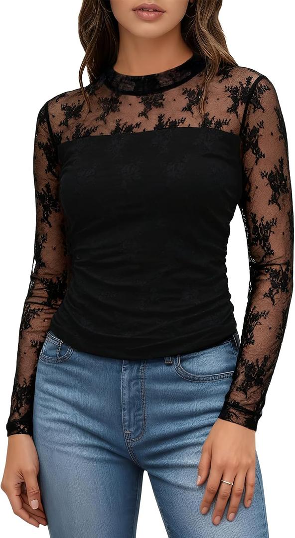 Womens Long Sleeve Lace Tops Crew Neck Mesh Sheer Shirts Going Out Tops (Black, S)