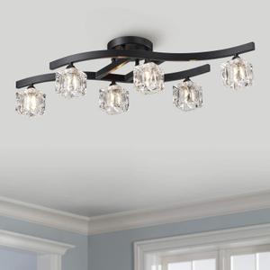 Bestier Modern Elegant Glass Crystal Ceiling Light Chandelier 6 Light Black Flushmount Lighting Fixture L 30.5in W 10in H 7.5in