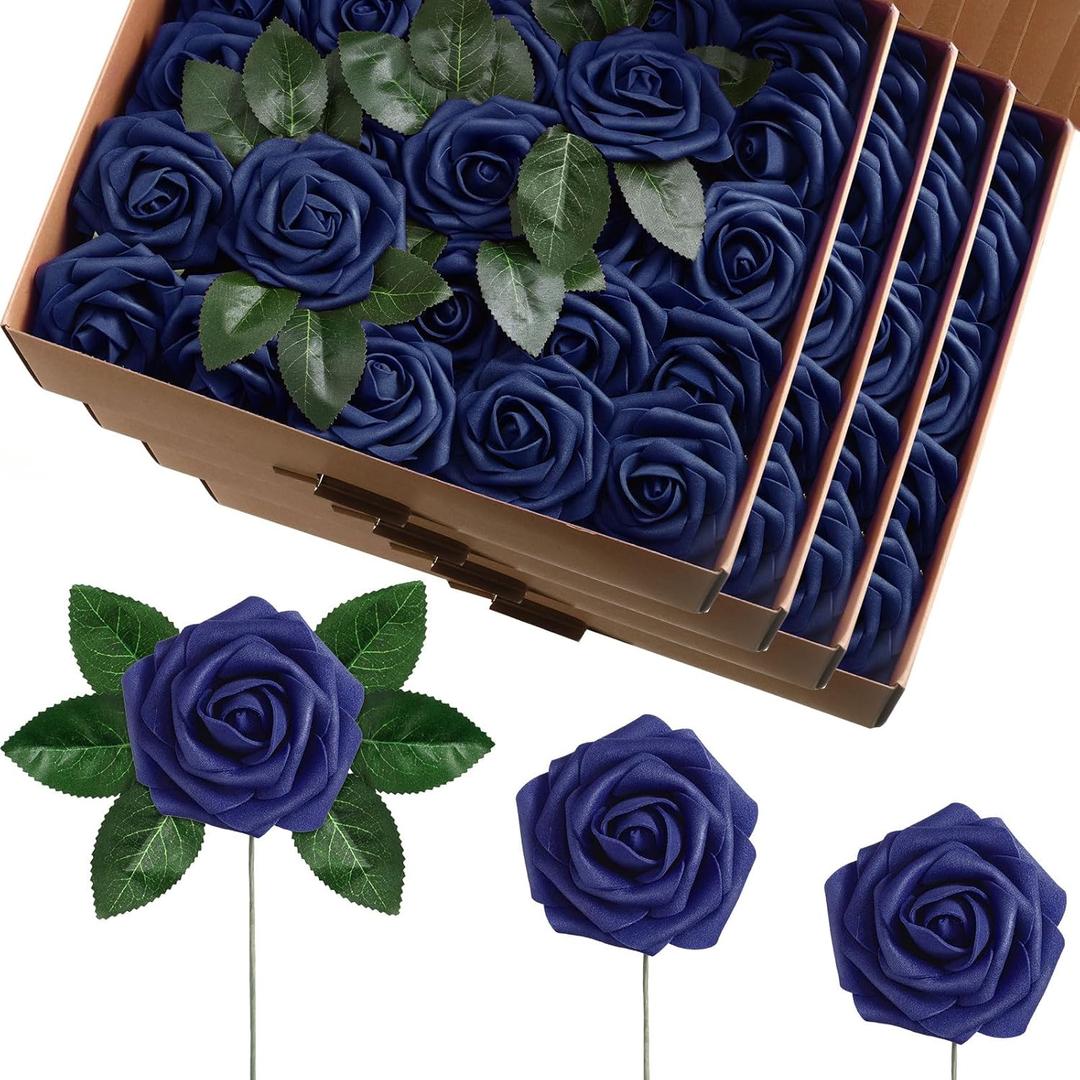 100 Pieces Artificial Foam Rose Flowers Faux Bouquet with Leaves and Stems for DIY Wedding Bouquets Centerpieces Bridal Shower Party Valentine Home Decorations (Navy Blue)