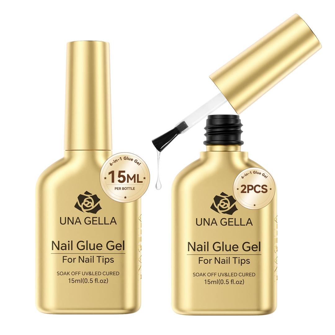 UNA GELLA 6 in 1 Gel Nail Glue for Clear Acrylic Nails Tips, 2Pcs 15ml Super Strong Brush UV Nail Glue Long Lasting Lamp Curing Required for Fake Nails Tips