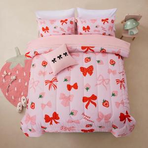 A Nice Night Red Bow Comforter Set,6 Piece Bed in a Bag Matching Sheet Set,Cute Ribbon Bowknot Bedding Sets,Princess Style Strawberry Printed,Light Pink Room Decor for Girls,Full (Blush)