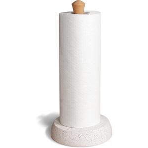 Kitchen Paper Towel Holder, Free Standing Cement Base with Beech Wood Rod, Modern Countertop Dispenser for Bathroom & Kitchen