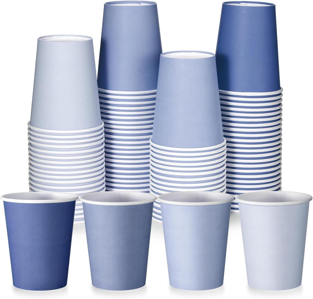 FillTouch 100 Pack Disposable Paper Cups 9 oz Gradient Color Party Beverage Paper Cups for Cold Drinks Wedding Baby Shower Birthday Party Supplies(Blue Series)