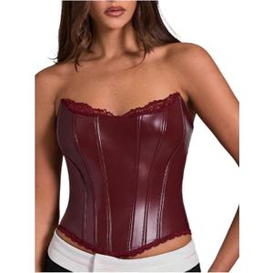 Floerns Women's Rave Vintage Leather Corset Top Lace Trim Strapless Date Night Party Tube Tops (Burgundy) S