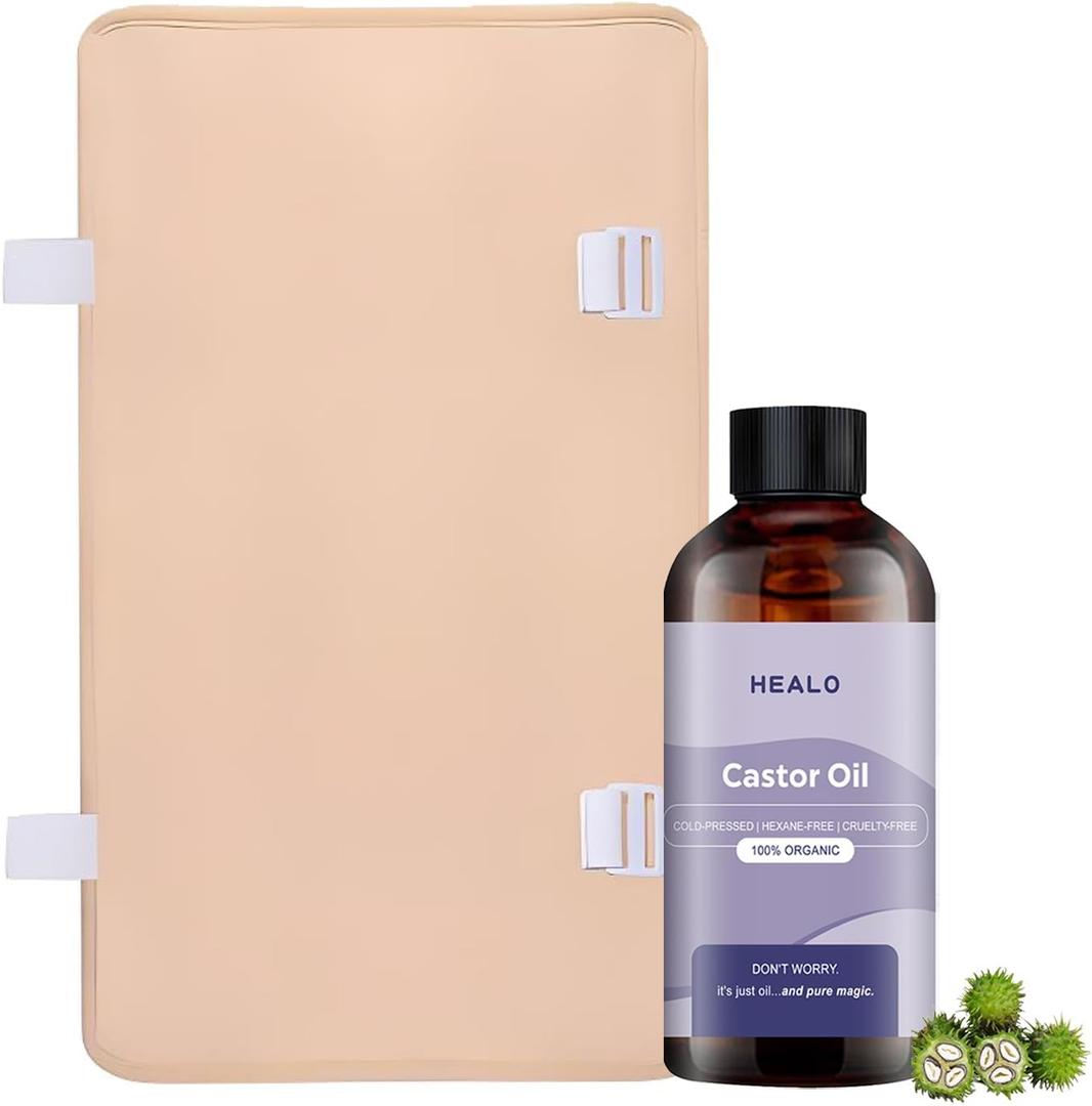 Healo Castor Oil Pack Wrap, The Wellness Kit by Healo - Organic Castor Oil 3.38 oz with Reusable Wraps - Adjustable Elastic Straps (Back Wellness)