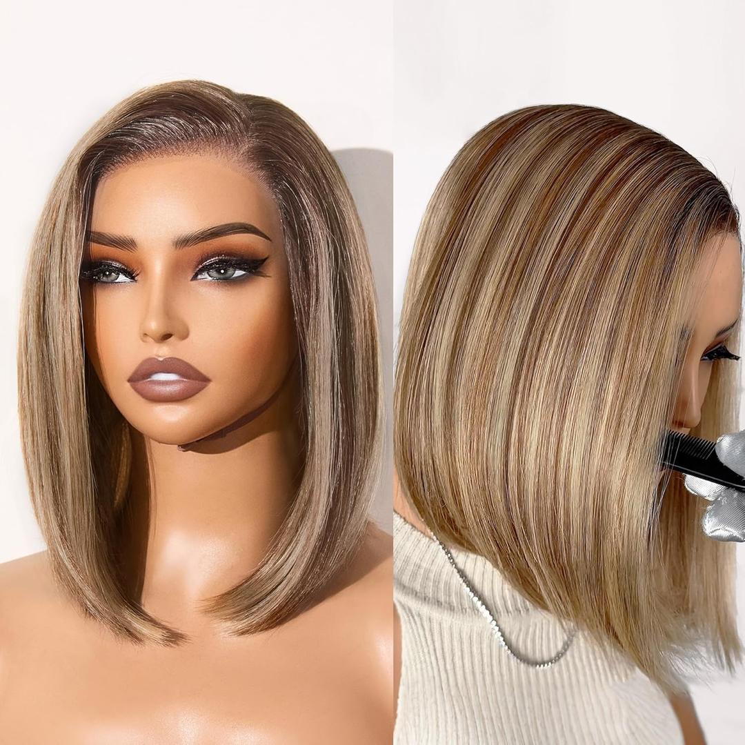 GORGIUS Blonde Bob Wig with Highlights Glueless Straight Short Synthetic Lace Front Wigs For Women Pre Cut Pre Plucked Side Part Hairline 12 Inch (#OT30)