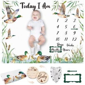 Guiqulai Mallard Duck Monthly Milestone Blanket for Baby Boy Flannel Newborn Infant Swaddle Growth Chart Photography Background with Baby Birth Signs, Felt Frames, Bibs