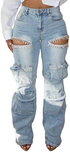 Vakkest Women's Rhinestone Cargo Jeans High Waisted Ripped Distressed Wide Leg Stretchy Denim Pants with Flap Pockets, Size M