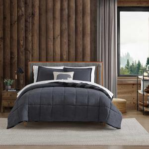 Eddie Bauer - Queen Comforter Set, Microsuede Bedding with Soft Plush Faux Shearling Reverse, 3 Piece Bed Set with Matching Pillowcases (Cabin Plaid Grey)