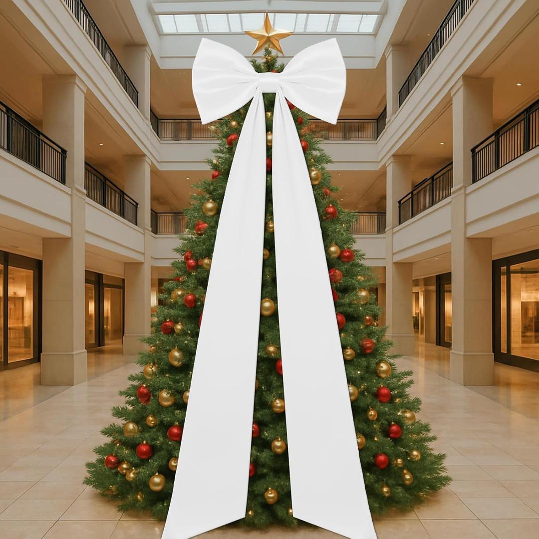 23.62 x 90.55 Inches Christmas Extra Large Bows Giant Christmas Tree Topper Bow Decorations Satin Bow Tree Topper for Xmas Decorations Wreath Home Holiday Party Decor(White)