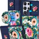 Buleens for Samsung Galaxy S22 Ultra Case 6.8 Inch - with Ring Stand & Camera Cover Aesthetic Cute Designed for Women Girls Girly Lake Blue Flowers for Samsung S22 Ultra Case Compatible with Magsafe