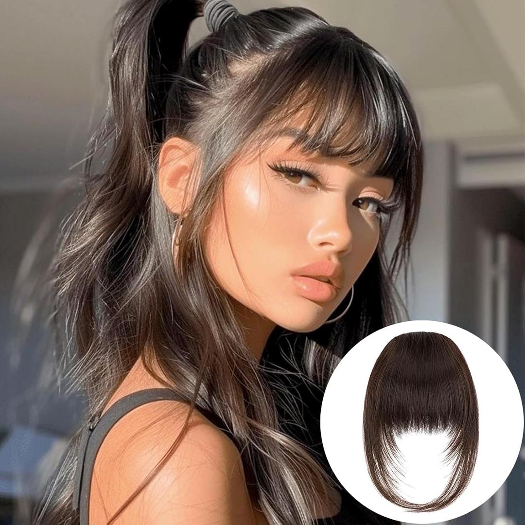 VAVANGA Clip in Bangs Brown Black, Long Wispy Bangs Hair Clip with Temples Fringe Curtain Bangs Hair Clip Hair Piece Fake French Bangs Clip-in Hair Extensions for Women (#4A-Brown Black)
