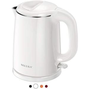 Secura Stainless Steel Double Wall Electric Kettle Water Heater for Tea Coffee w/Auto Shut-Off and Boil-Dry Protection, 1.0L (White) SWK-1001DW/HB-K012
