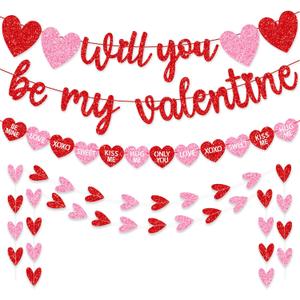 Valentines Day Decorations, No DIY Glitter Red Pink Will You Be My Valentine Banner Hollowed Conversation Heart Banner Heart Garlands String for Valentines Home Mantle Wall Office Decor Supplies