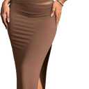ELLEVEN 2 Piece Maxi Skirt Sets for Women, Sexy Mock Neck Ruched Top and Slit Skirt Dress Set, Summer Going Out Outfits (Brown)